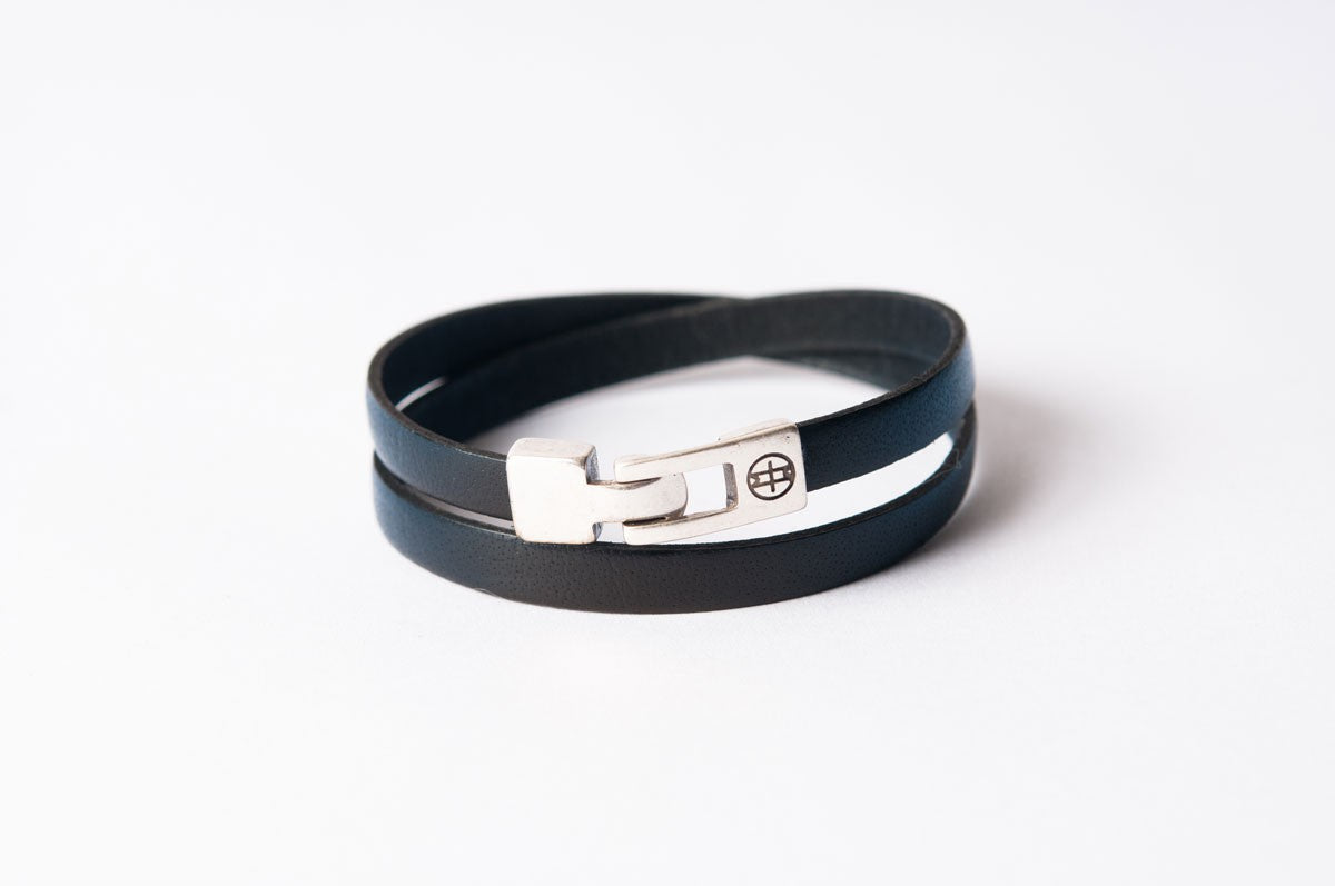 Bracelet cuir homme - DOUBLE TOUR H - Noir