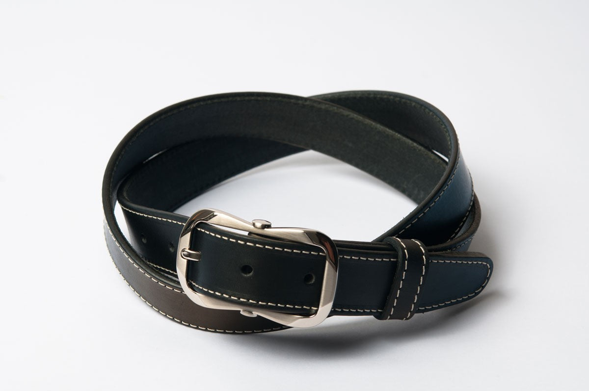 CEINTURE CUIR SURPIQUÉE - Boucle double satinée - Noire