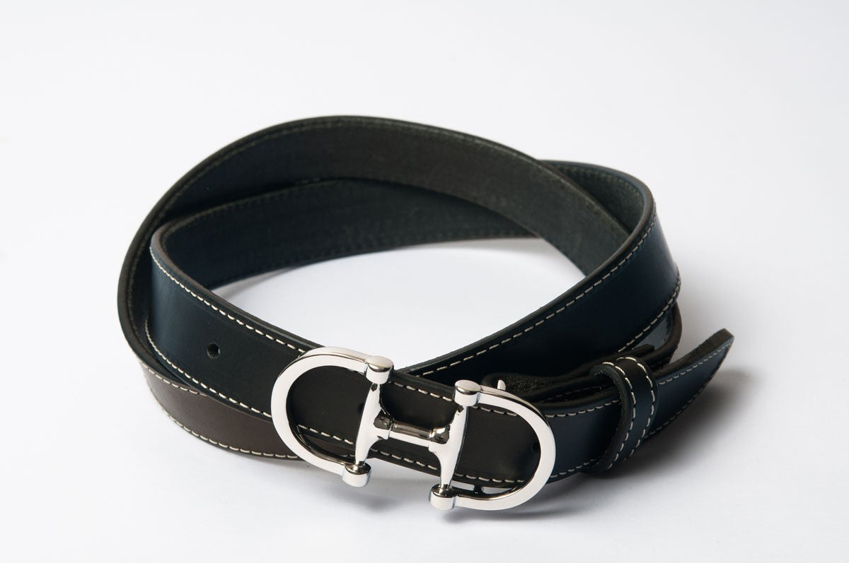 CEINTURE CUIR SURPIQUÉE - Boucle mors satiné - Noire