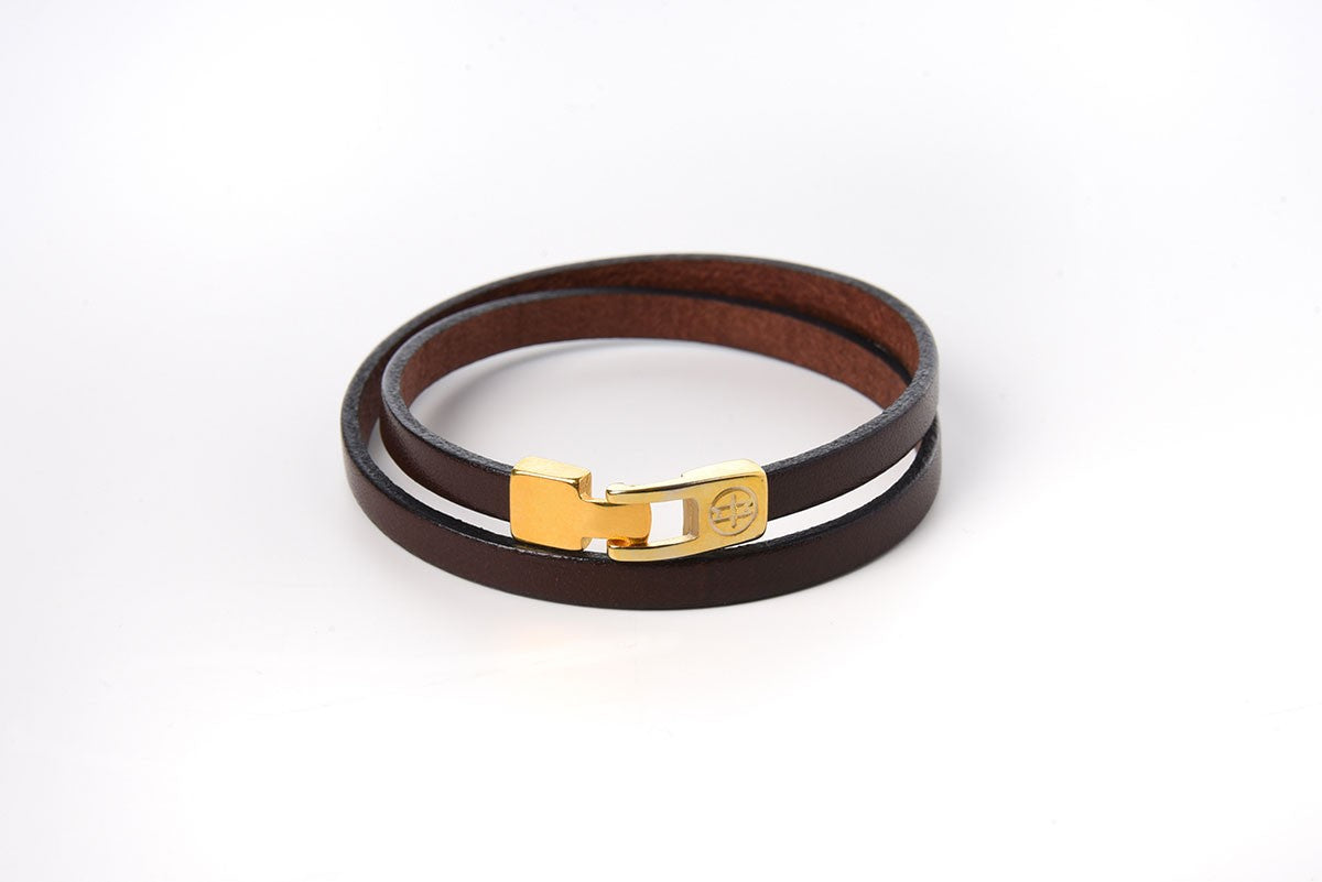 Bracelet cuir femme - DOUBLE TOUR  or- Marron