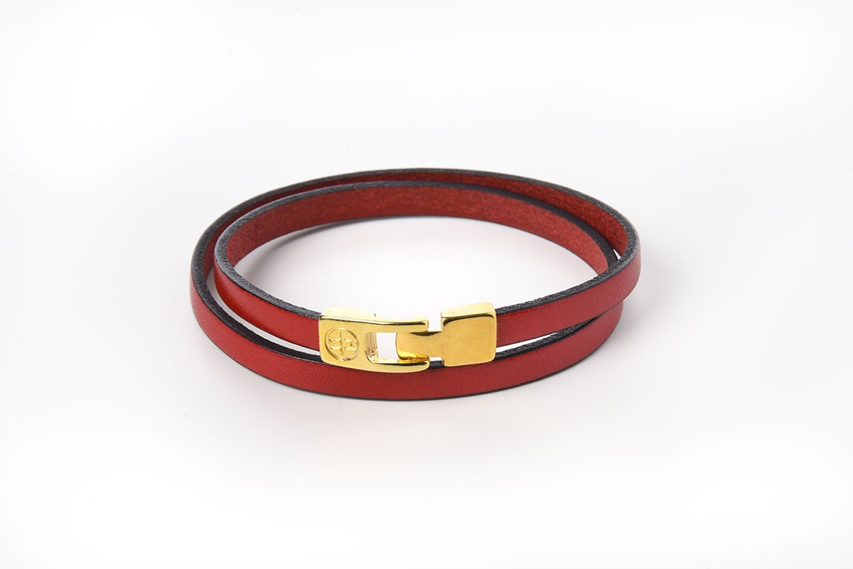 Bracelet cuir femme - DOUBLE TOUR or- Rouge
