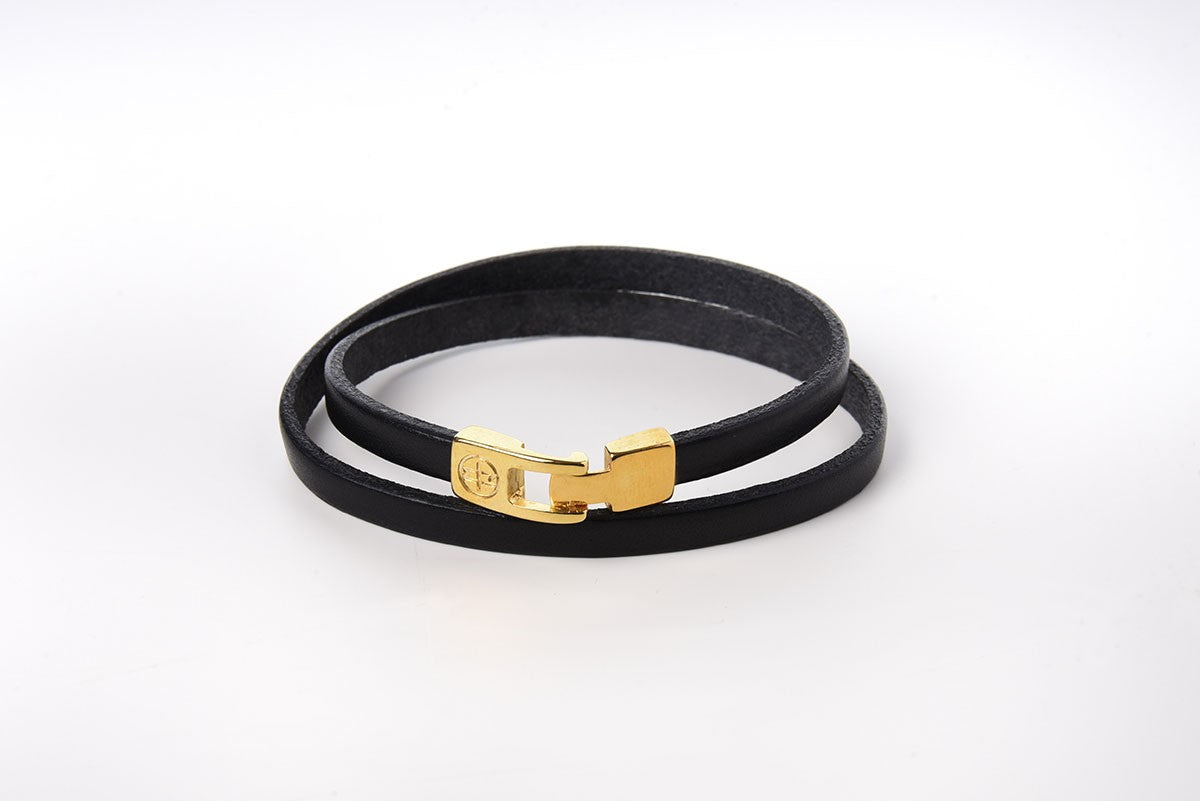 Bracelet cuir femme - DOUBLE TOUR  or- Noir