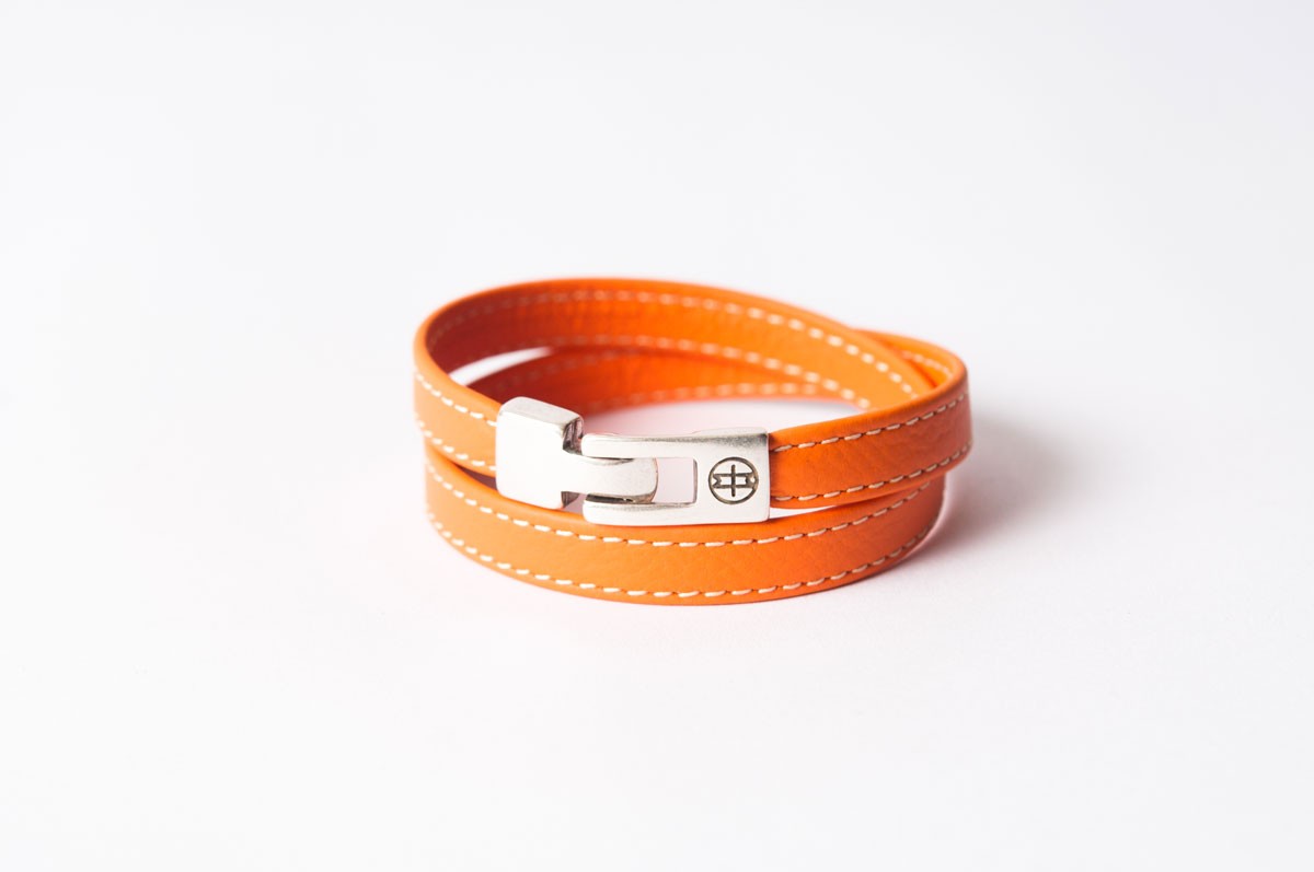 Bracelet cuir femme - SELLIER DOUBLE TOUR - Orange